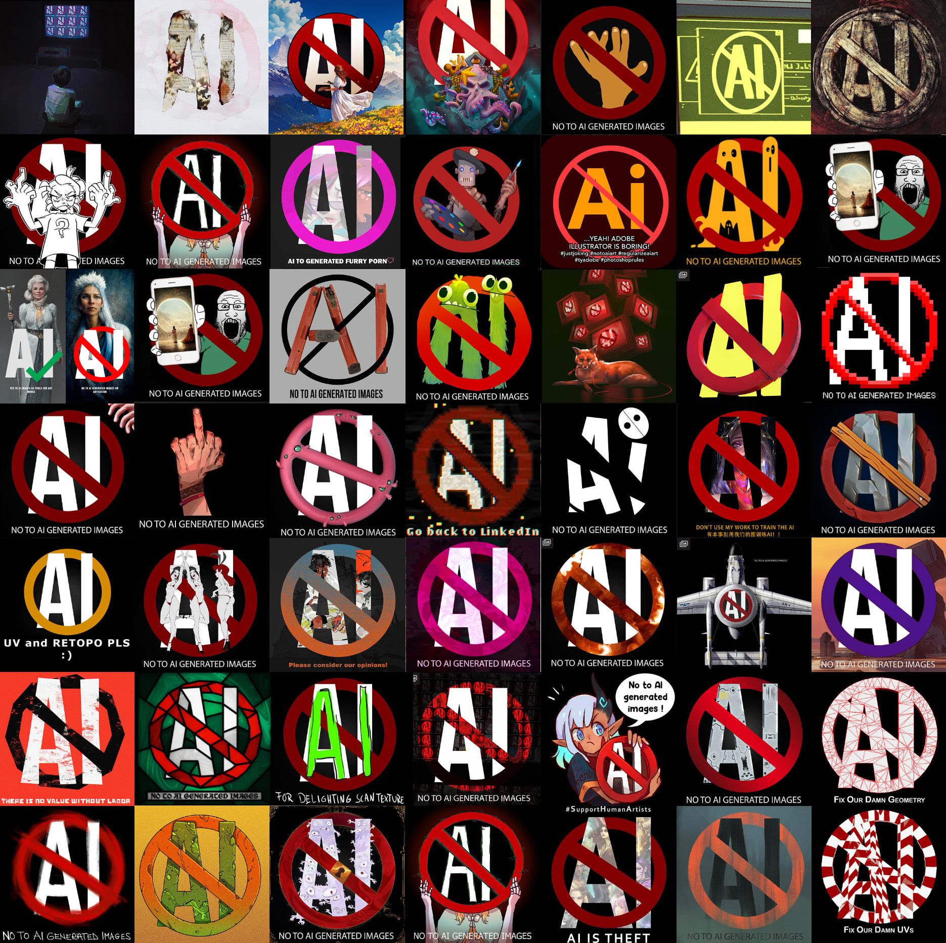 A grid of images in various styles that all show the word "AI" crossed out.