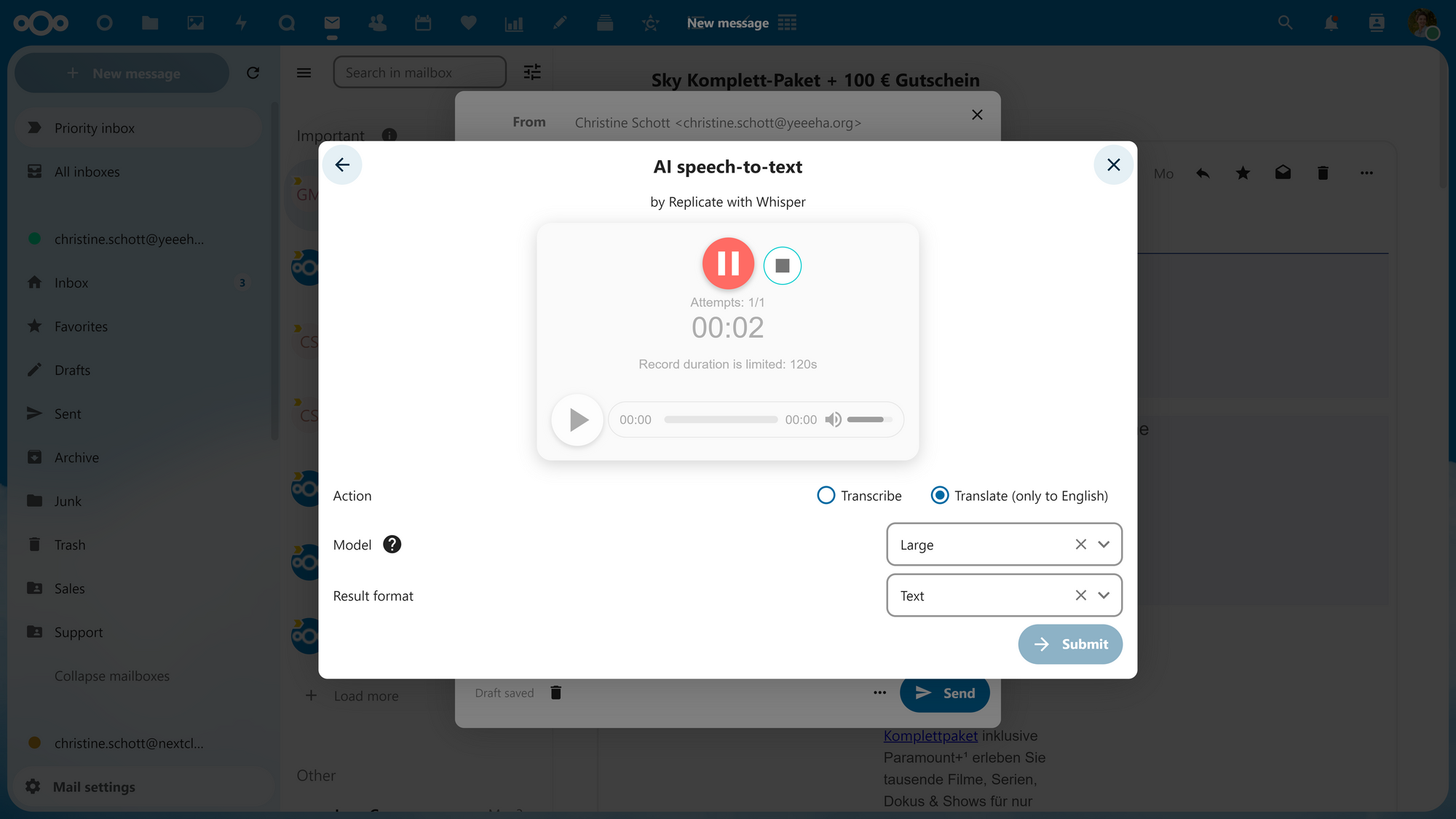 A dialog titled "AI speech-to-text" with an audio-recording button and "Transcribe/Translate", "Model", "Result format" options.