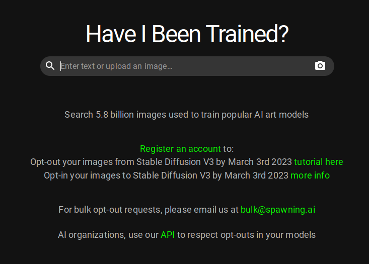 Text: "Search 5.8 billion images used to train popular AI art models. Register an account to out-out your images from Stable Diffusion V3 by March 3rd 2023".