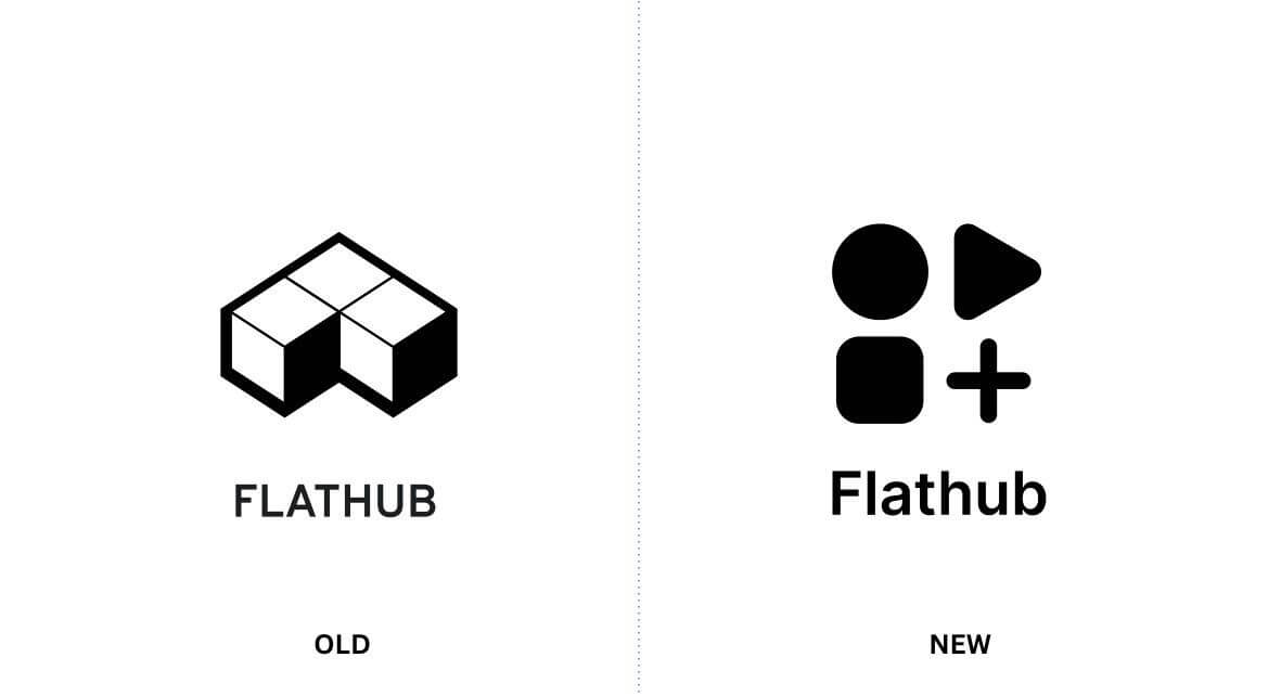On the left we have the old Flathub logo, represented by three black and white cubes in a "L" shape, and on the right there's the new logo represented by a circle, a triangle, a square and a plus sign in a 2x2 grid.
