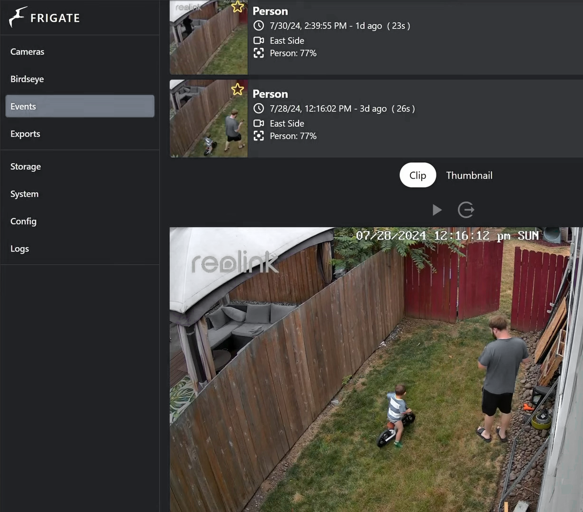 Frigate event log showing person detections in the backyard