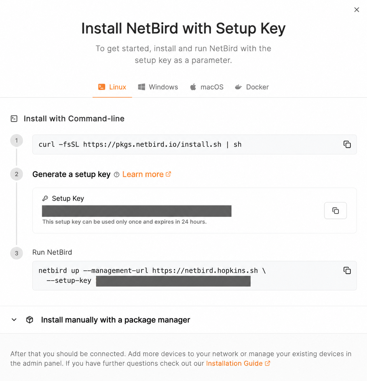 NetBird setup-key installation panel showing Linux client commands, with the setup key redacted
