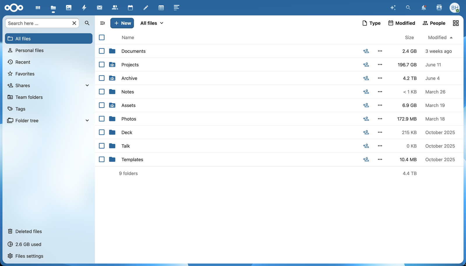 Nextcloud Files UI showing the top-level folder list with sizes and modified dates