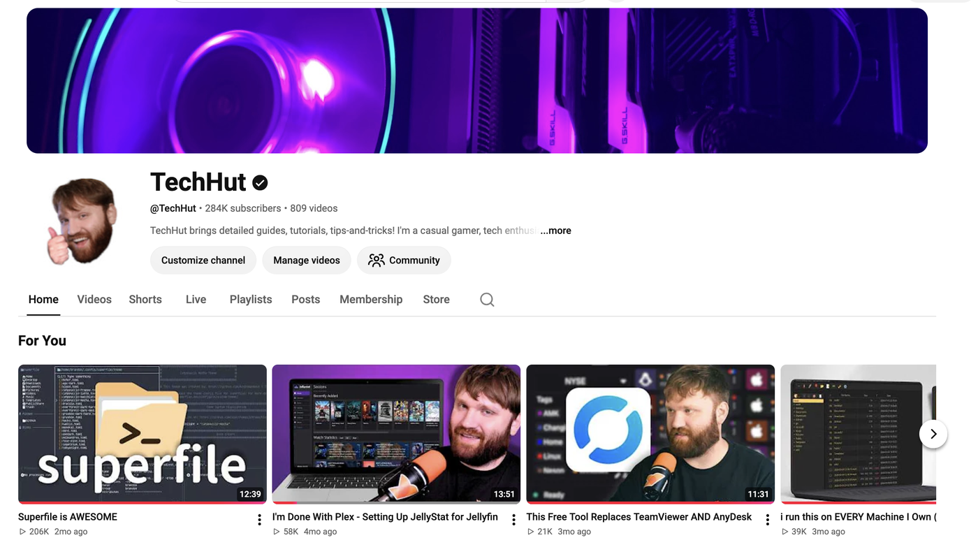 The TechHut YouTube channel page, showing subscriber count and recent videos
