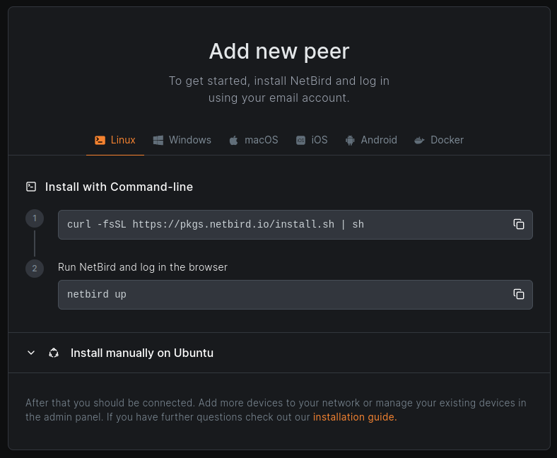 NetBird Add new peer install panel